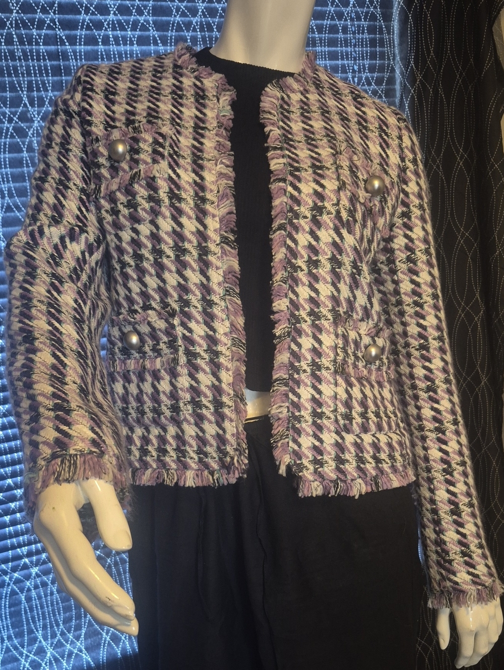 Halogen Purple and White Tweed Fringed Bouclé Jacket